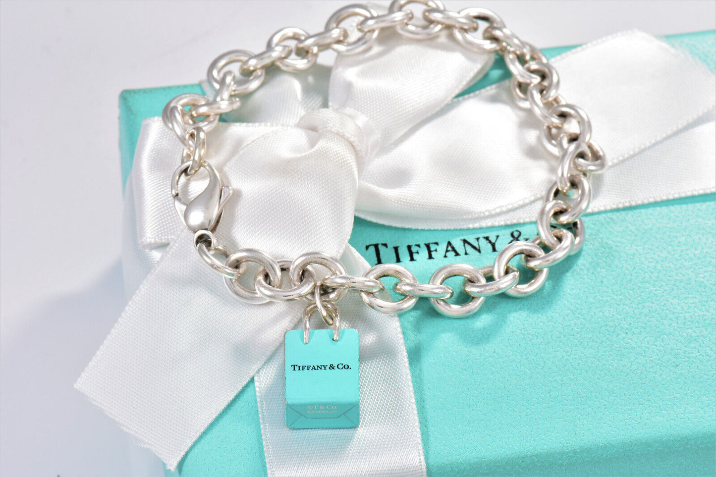 Tiffany & Co Silver Blue Enamel Shopping Bag Charm 7.75" Chain Link Bracelet