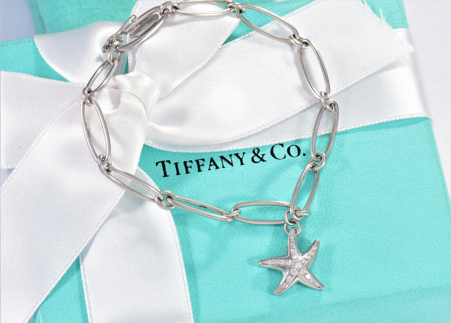 Tiffany & Co Elsa Peretti Diamond Platinum Starfish Charm 7.3" Bracelet in Box