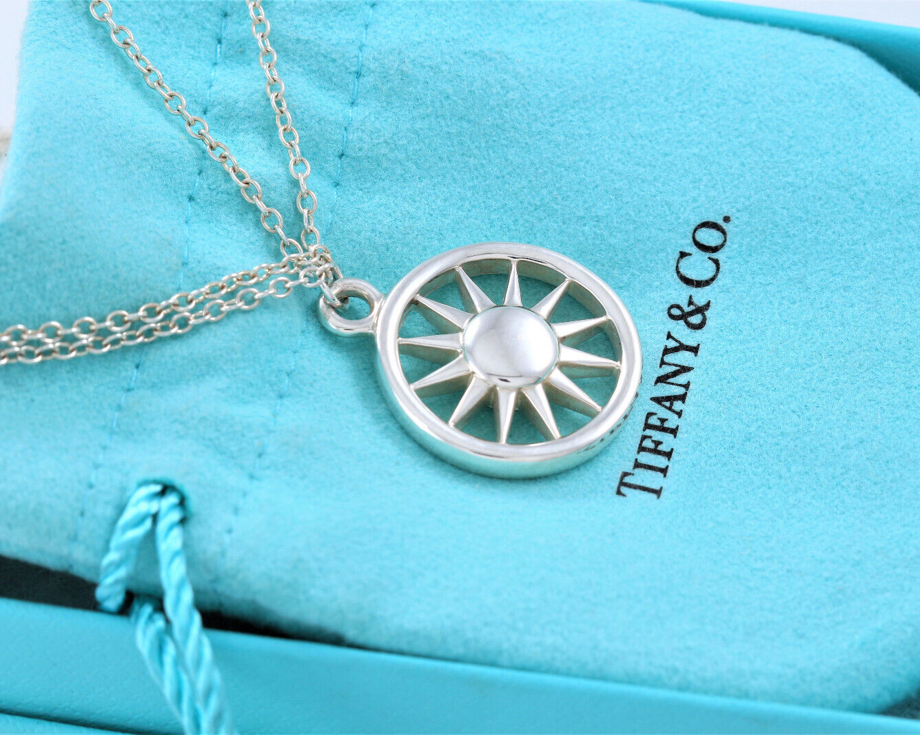 Tiffany & Co Sterling Silver Sun Pendant 16.75"  Double Chain Necklace Rare  Art