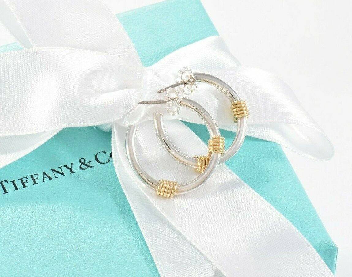 Vintage Tiffany & Co Silver Yellow Gold Coil Cable Wire Hoop Earrings 1.3" Pouch