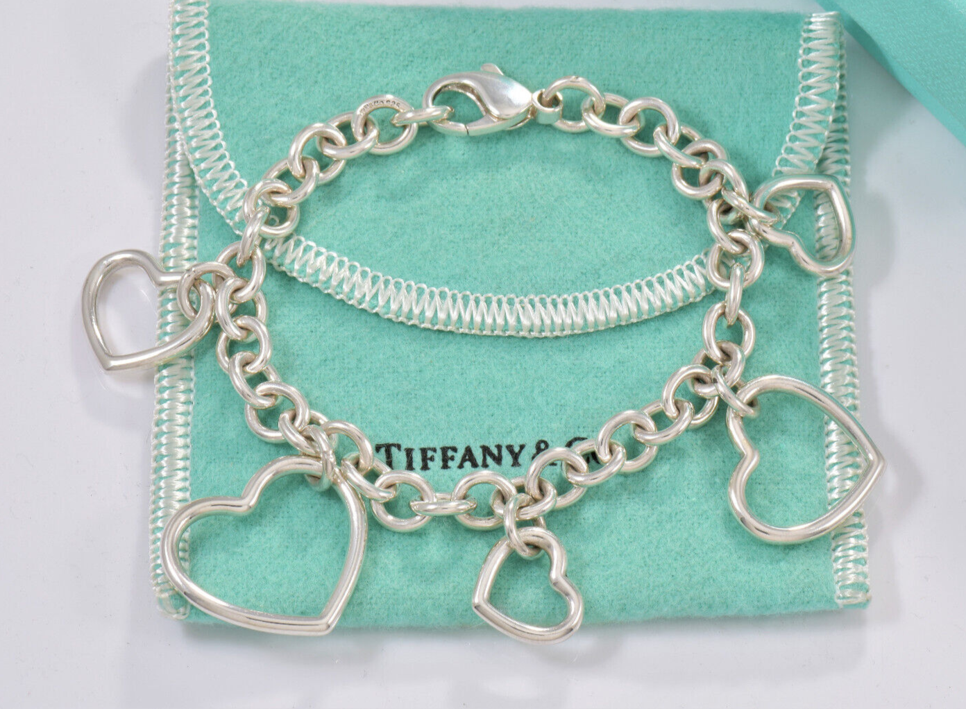 Tiffany & Co Silver Five Open Heart Multi Charm 7.5" Chain Bracelet Dangle 5