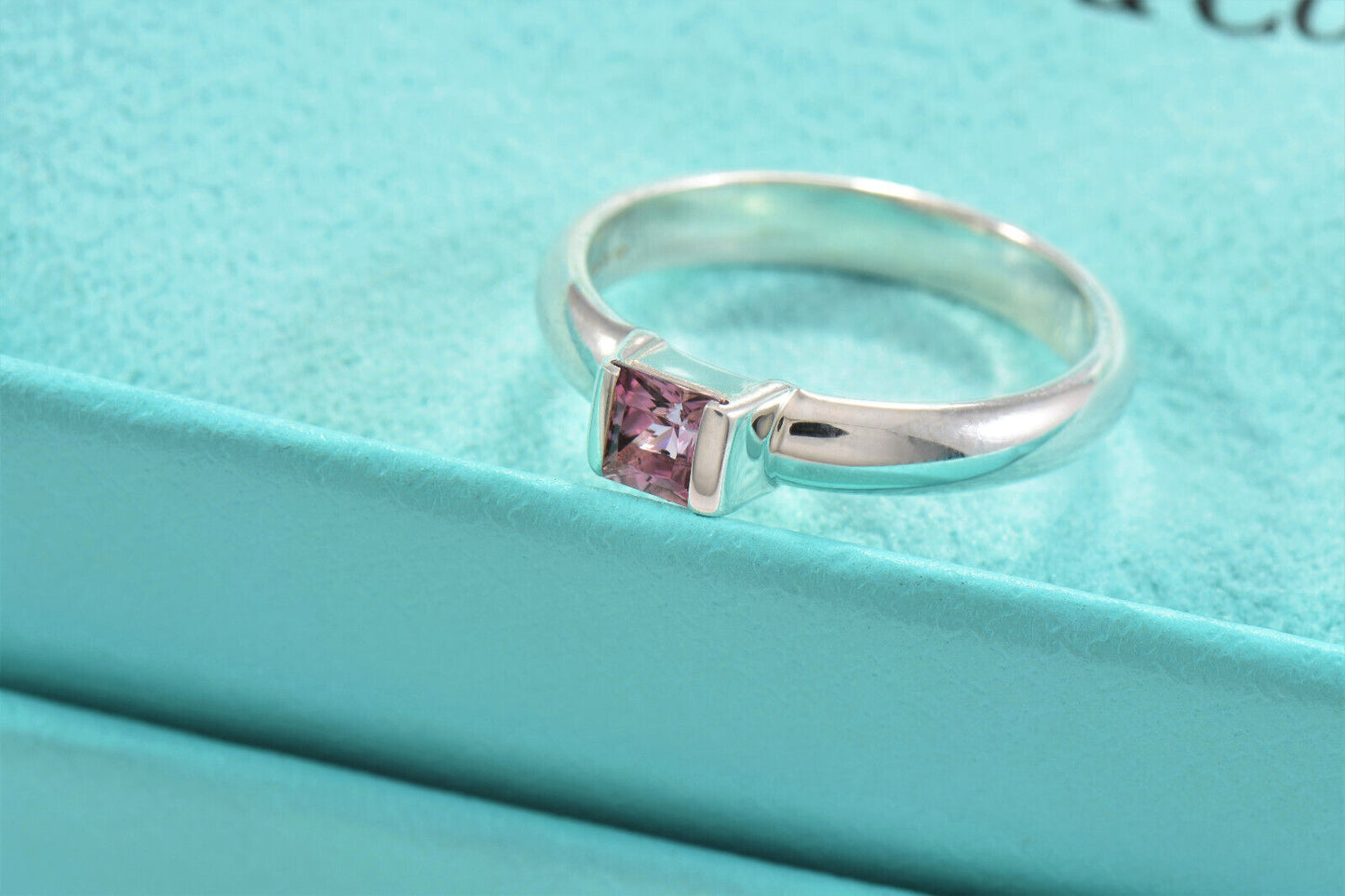 Tiffany & Co Sterling Silver Pink Sapphire Square Stack Band Ring Size 6 Boxed