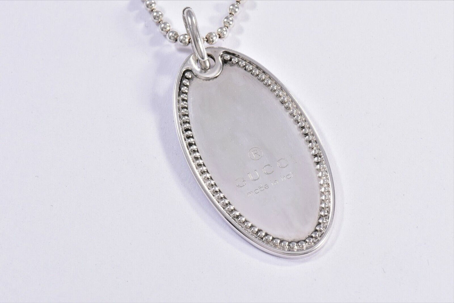 Gucci Italy Sterling Silver Ellipse Oval Dog Tag Bead Chain 20" Necklace