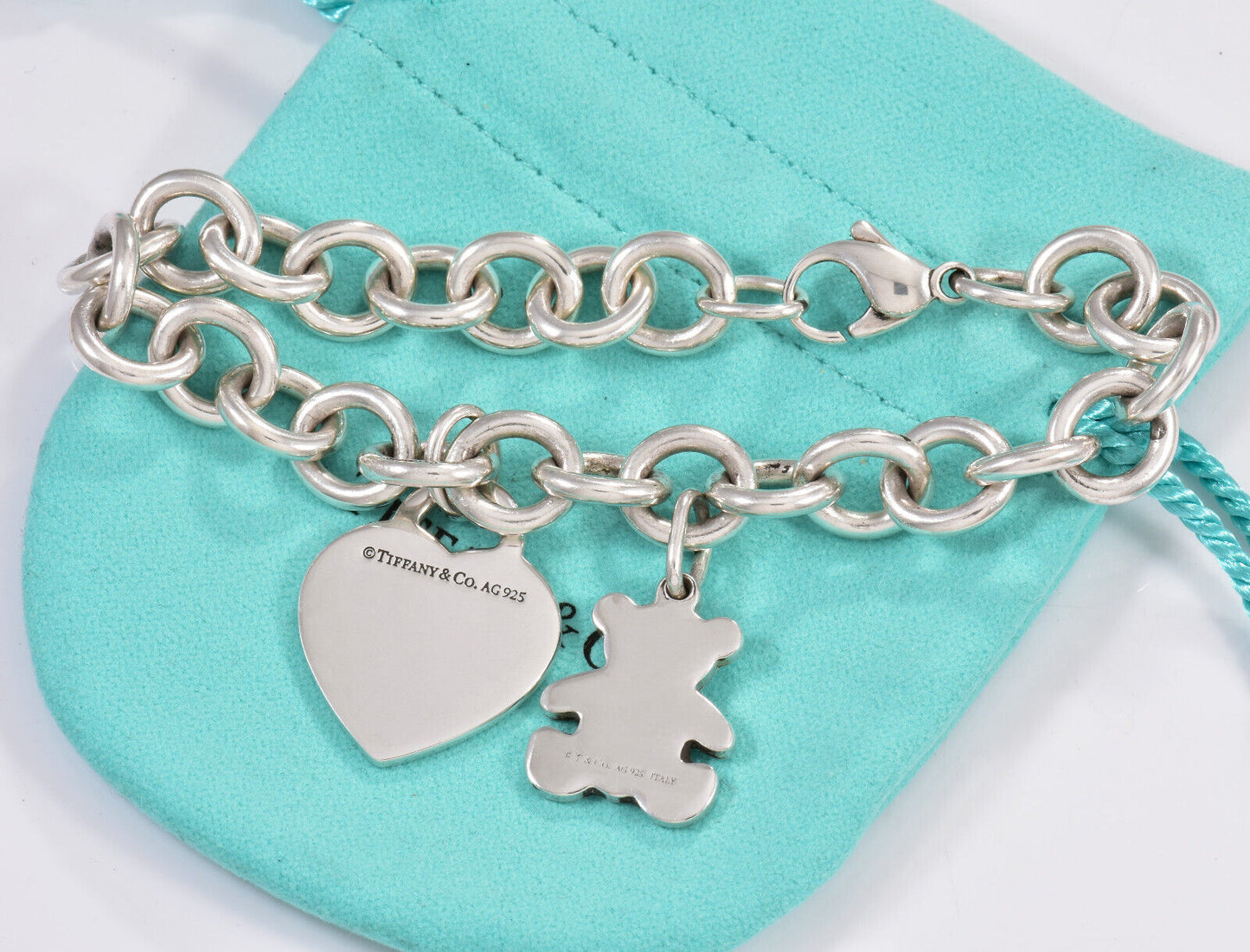 Tiffany & Co Silver Teddy Bear Heart Tag Two Charm 7.75" Chain Link Bracelet