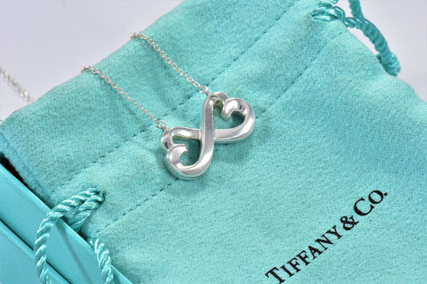 19" Tiffany & Co Paloma Picasso Double Loving Heart Infinity Necklace in Pouch