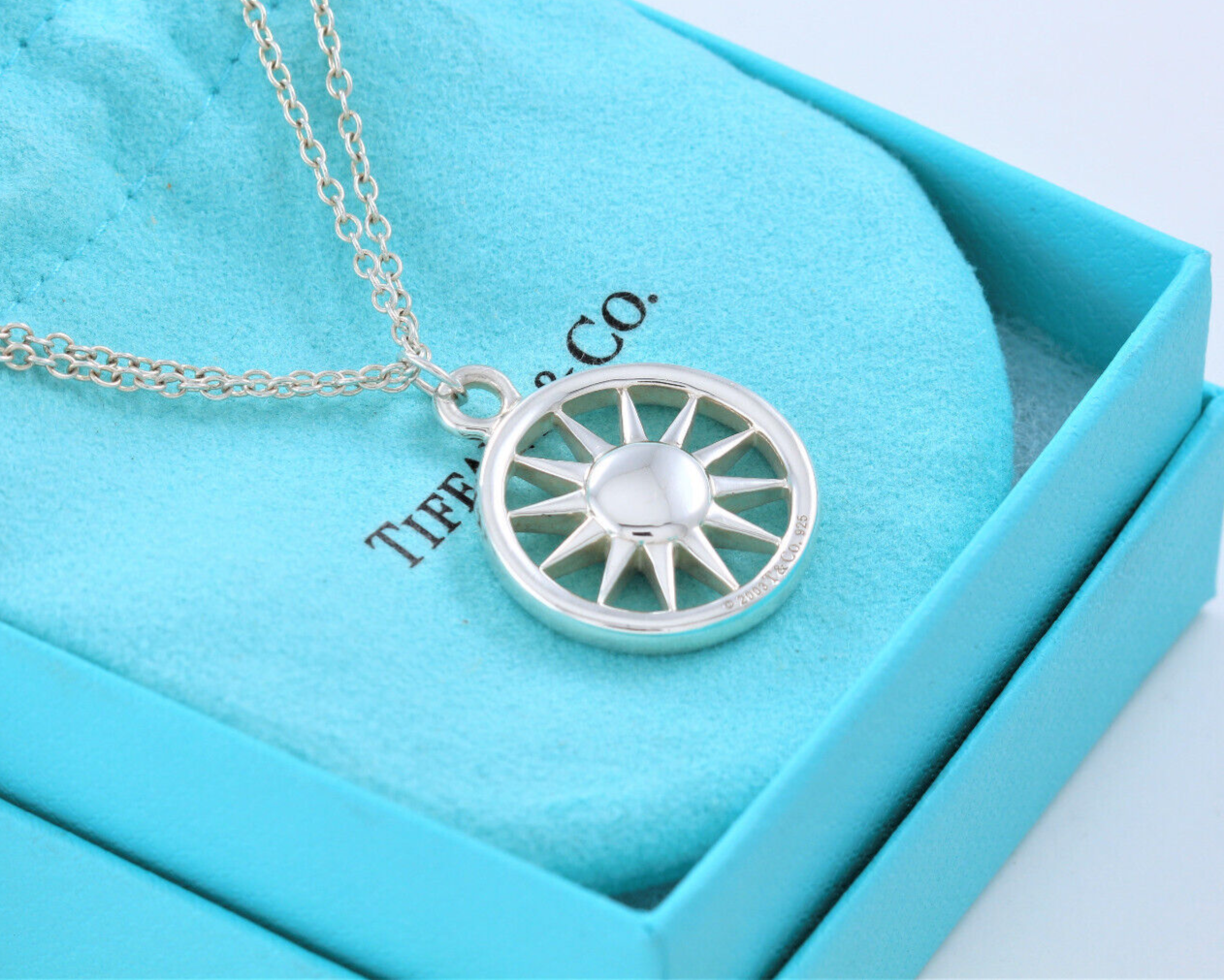 Tiffany & Co Sterling Silver Sun Pendant 16.75"  Double Chain Necklace Rare  Art