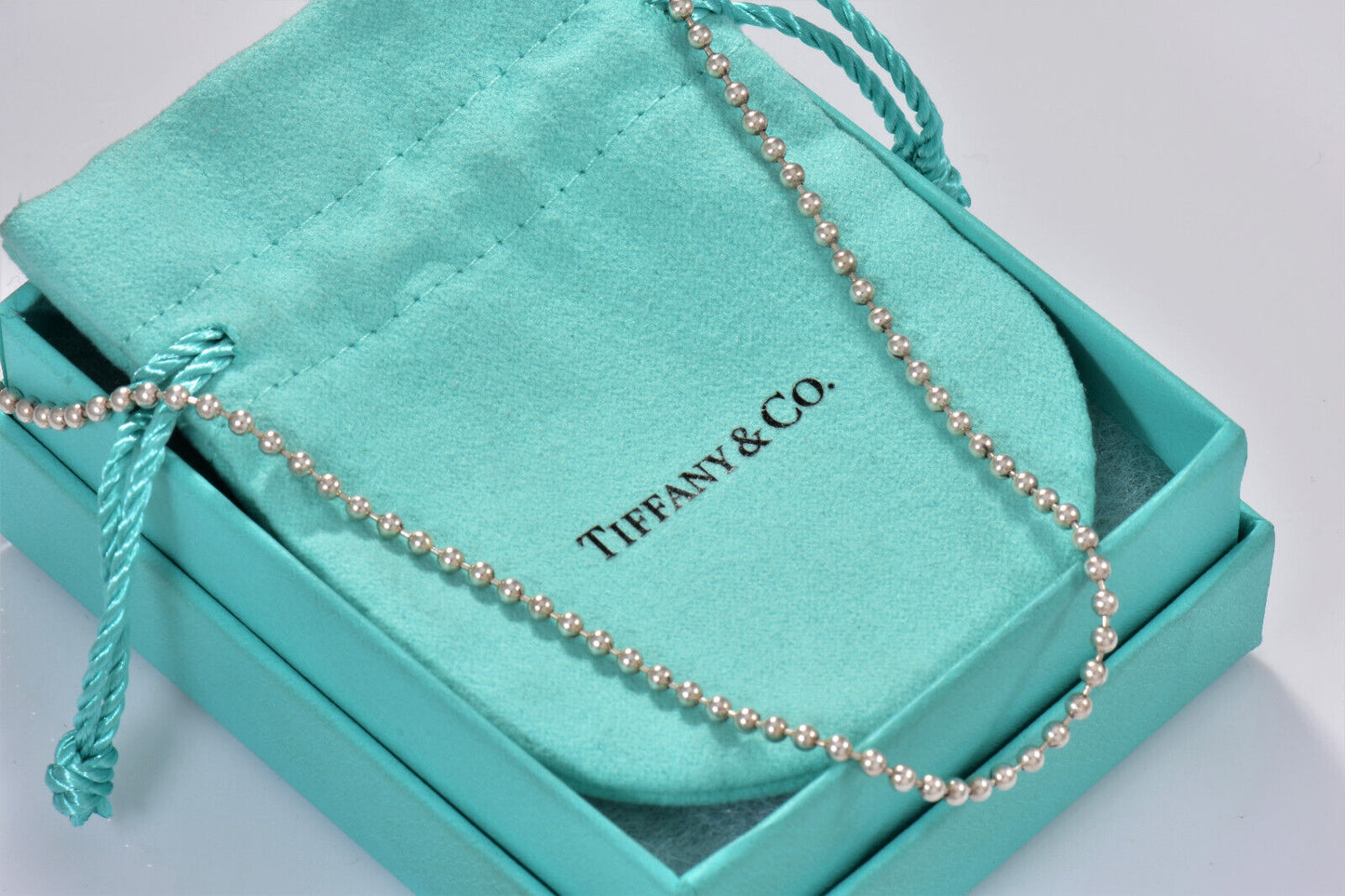 Tiffany & Co Sterling Silver 3mm Bead Chain 16.25" Necklace For Pendant in Pouch