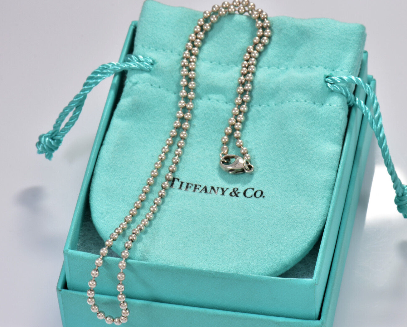 Tiffany & Co Sterling Silver 3mm Bead Chain 18.25" Necklace For Pendant In Pouch