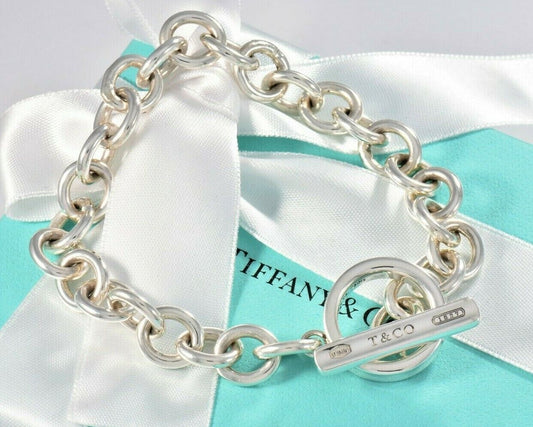 Tiffany & Co Sterling Silver 1837 Thick Toggle Chain 8" Bracelet and Pouch Rare