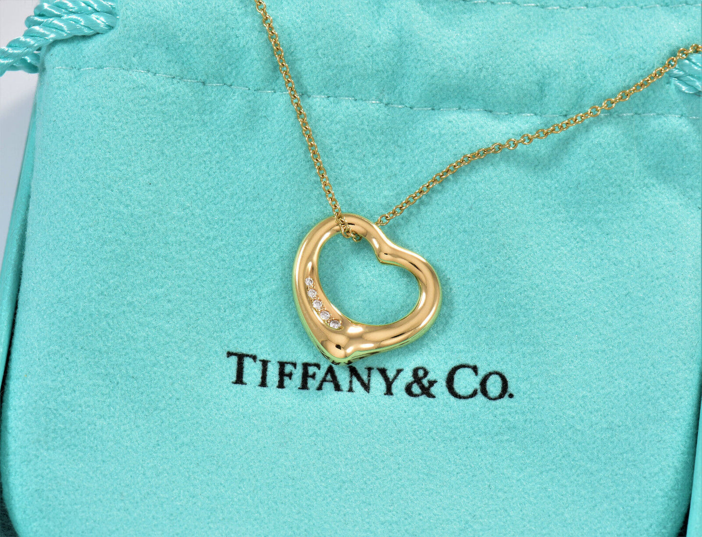 Tiffany & Co Diamond 18K Gold Elsa Peretti Open Heart Pendant 19.25" Necklace