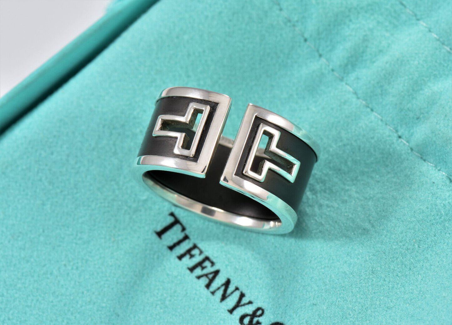 Tiffany & Co Silver Black Ceramic T Cut Out Square Wide Ring Size 6.5 in Pouch