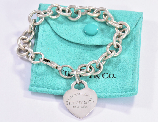 Please Return Tiffany & Co Heart Tag 7.85" Charm Chain Link Bracelet & Box Pouch