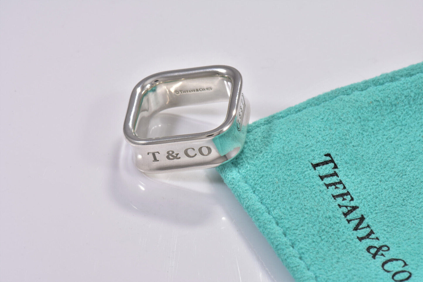 Tiffany & Co 1837 Sterling Silver Square Wide Band Ring Size 4.5 and Pouch Rare