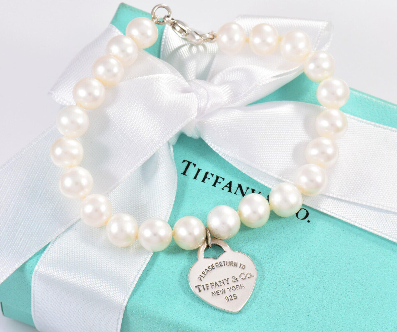 Please Return Tiffany & Co Silver Heart Charm 8mm Pearl Bead Bracelet 7.7" Boxed