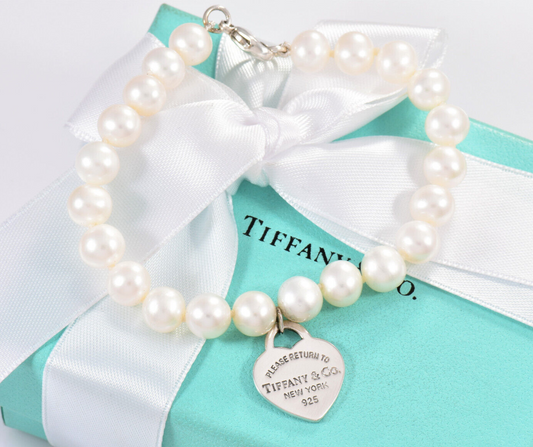 Please Return Tiffany & Co Silver Heart Charm 8mm Pearl Bead Bracelet 7.7" Boxed