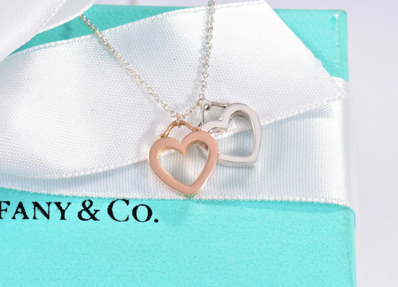 Tiffany & Co 18K Gold Silver Sentimental Heart Two Pendant 16.25" Necklace Boxed