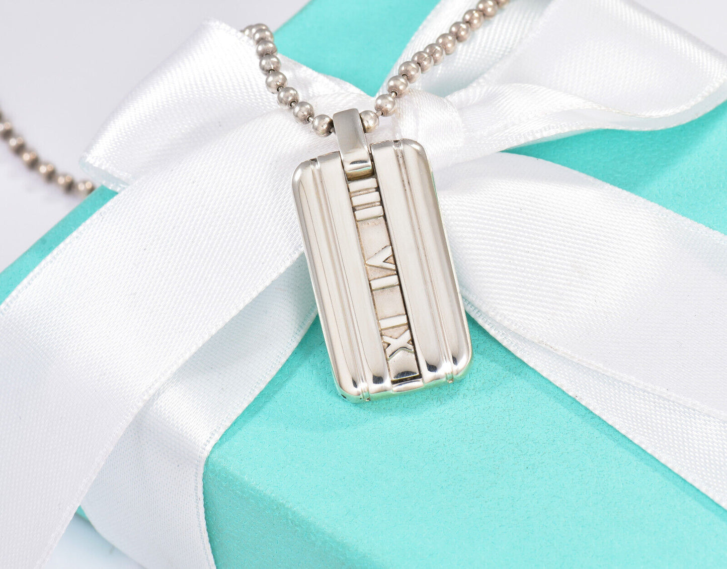 Tiffany & Co Silver Atlas DogTag Pendant 20.25" Bead Chain Necklace in Pouch Men