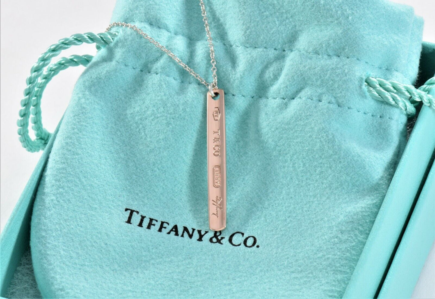 Tiffany & Co Rubedo Gold Sterling Silver 1837 Thin Bar Pendant Necklace in Pouch