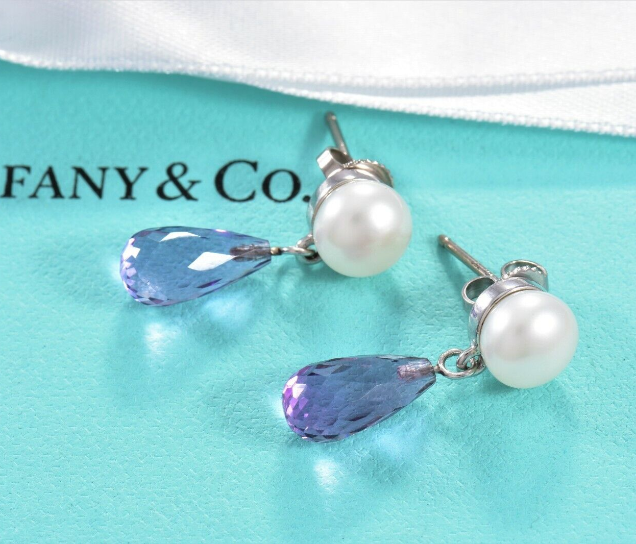 Tiffany & Co Amethyst 18K White Gold Pearl Drop Earrings Box Pouch Rare Dangling