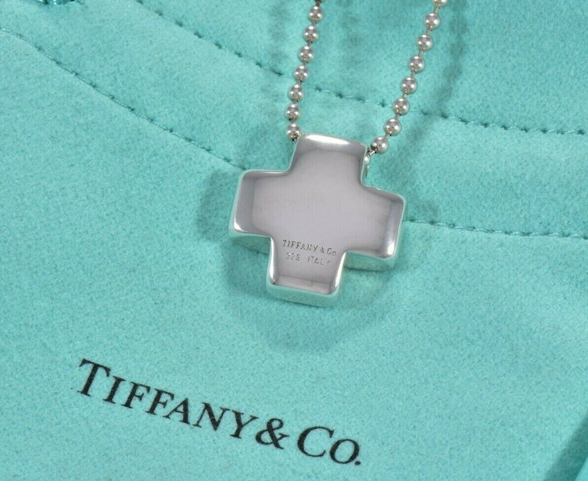 Tiffany & Co Italy Sterling Silver Swiss Cross Pendant Bead Chain Necklace Pouch