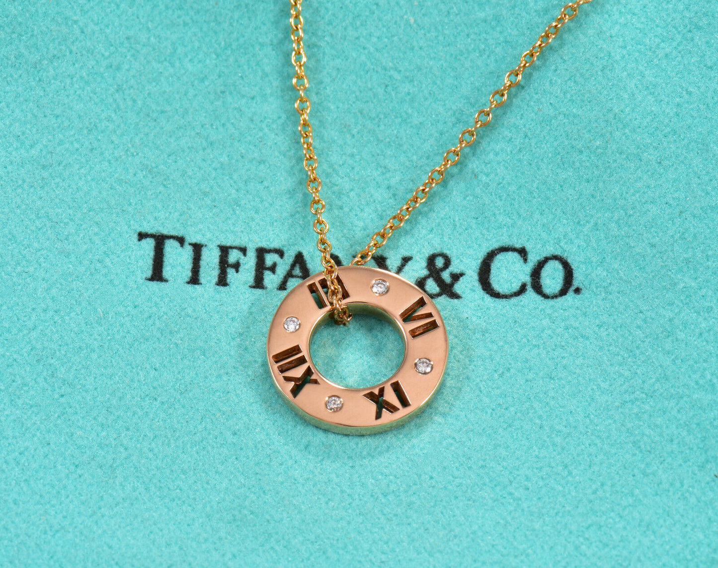 Tiffany & Co Diamond 18K Rose Gold Atlas Circle Pendant Necklace in Box Pouch