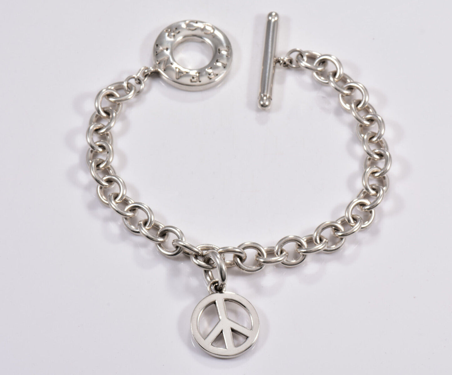 Tiffany & Co Silver Peace Sign Charm Toggle Link 8" Chain Bracelet in Pouch Rare