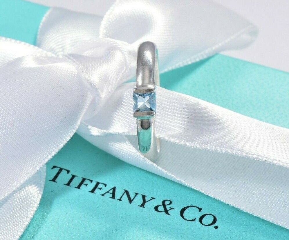 Tiffany & Co Sterling Silver Aquamarine Square Stack Band Ring Size 7.5 in Box