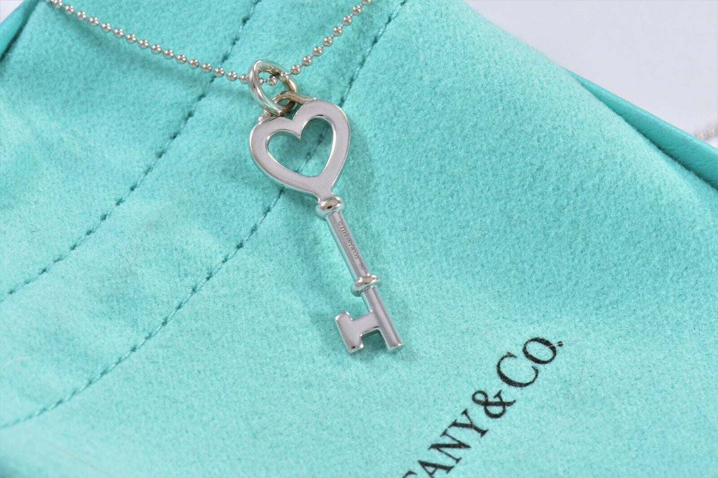 Tiffany & Co Diamond 18K White Gold Heart Key Pendant Bead Chain Necklace in Box