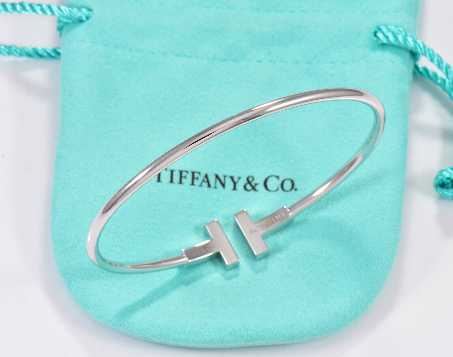 Tiffany & Co Diamond 18K White Gold Blue Turquoise T Wire Large Bracelet in Box