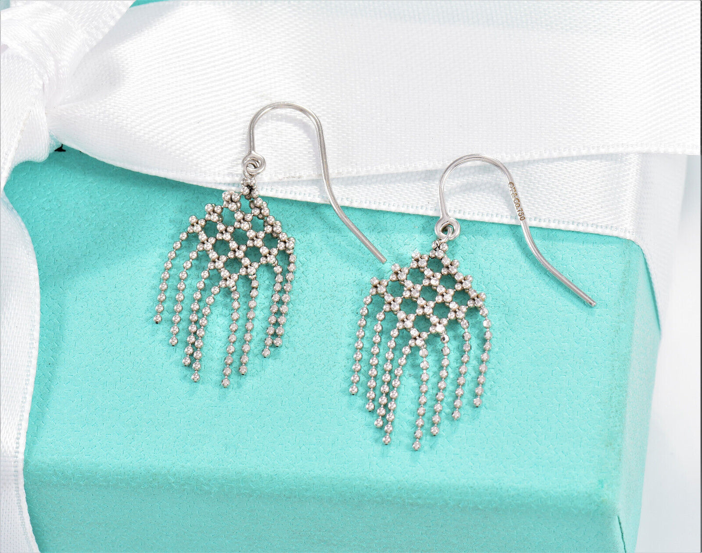 Tiffany & Co 18K White Gold Fringe Flower Hook Drop Earrings Boxed Dangle Gatsby