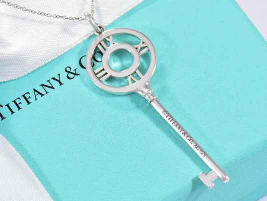 Tiffany & Co Silver 2.25" Atlas Charm Key Pendant 16.25" Necklace Boxed Numeral