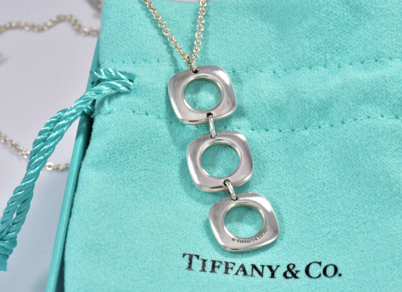 Tiffany & Co Silver Three Cushion Square Dangle Pendant Drop Necklace in Pouch