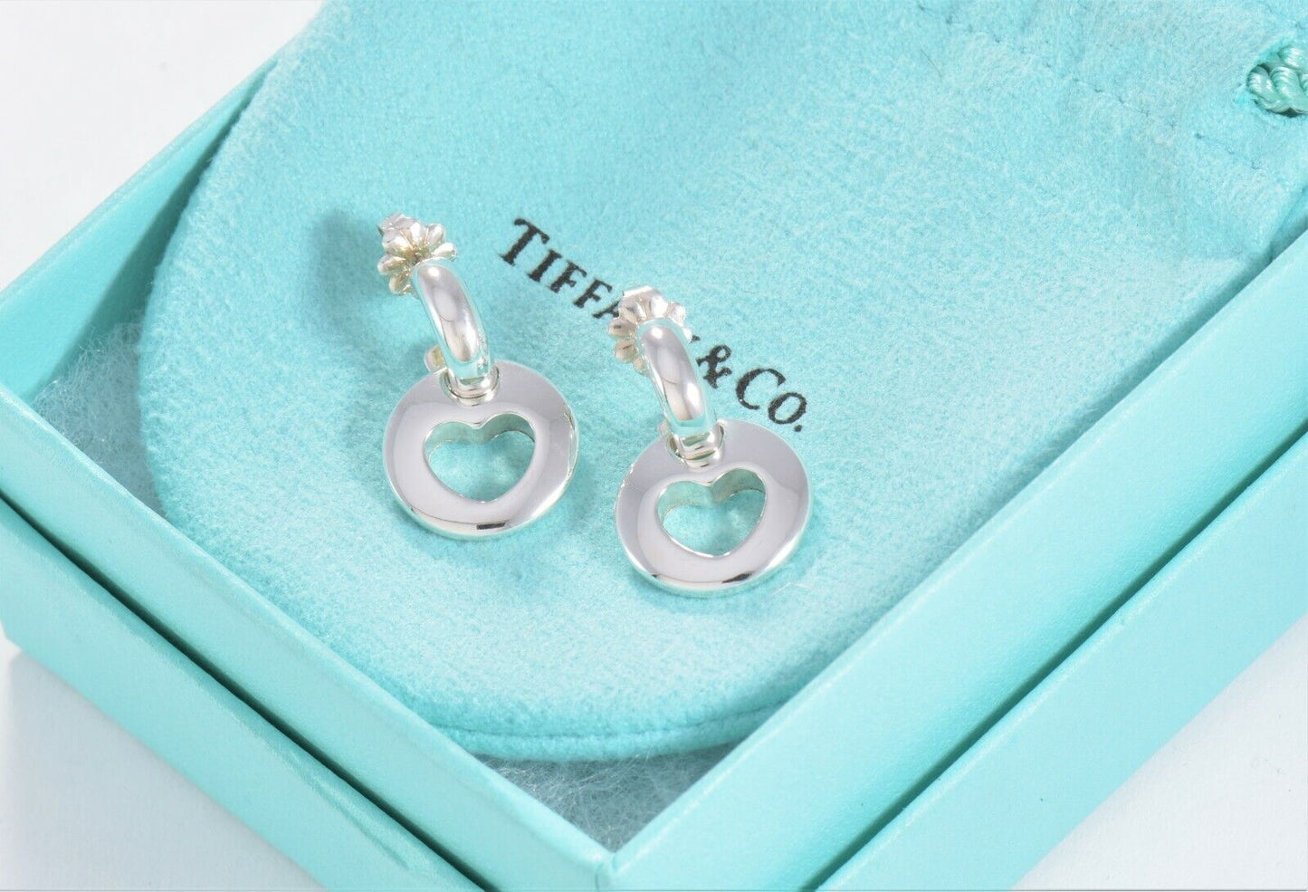 Tiffany & Co Silver Open Heart Cutout Hoop Dangle Stencil Love Earrings 2 in 1