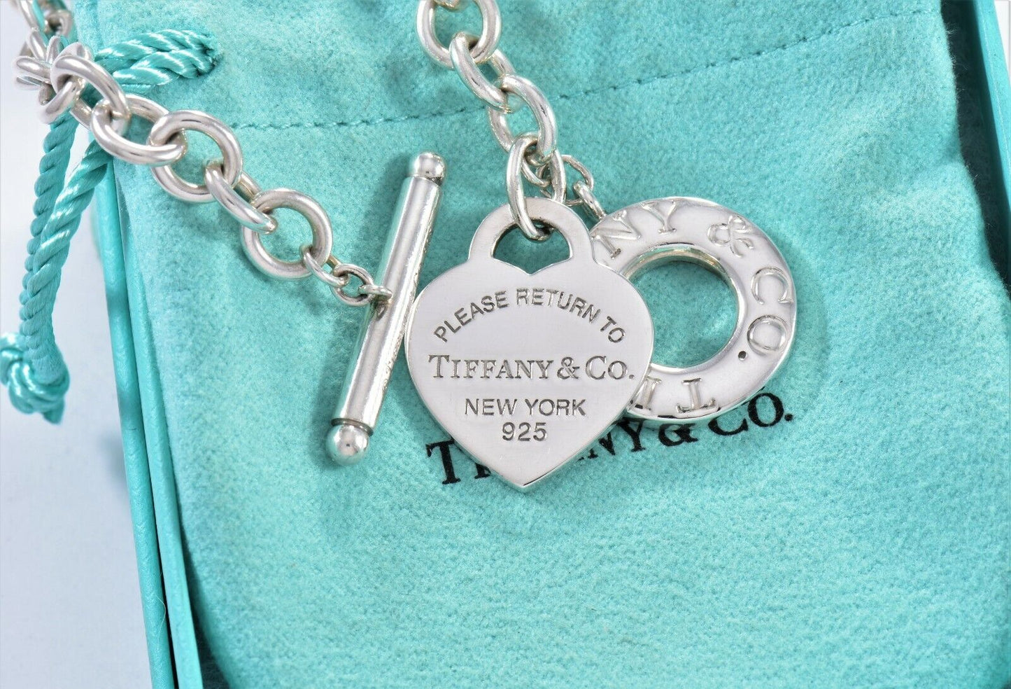 Please Return To Tiffany & Co Silver Blue Enamel Heart Toggle Chain Bracelet