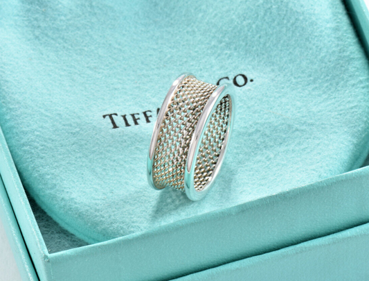 Tiffany & Co Sterling Silver Mesh Wide Bar Band Size 5.5 Ring In Pouch Unisex