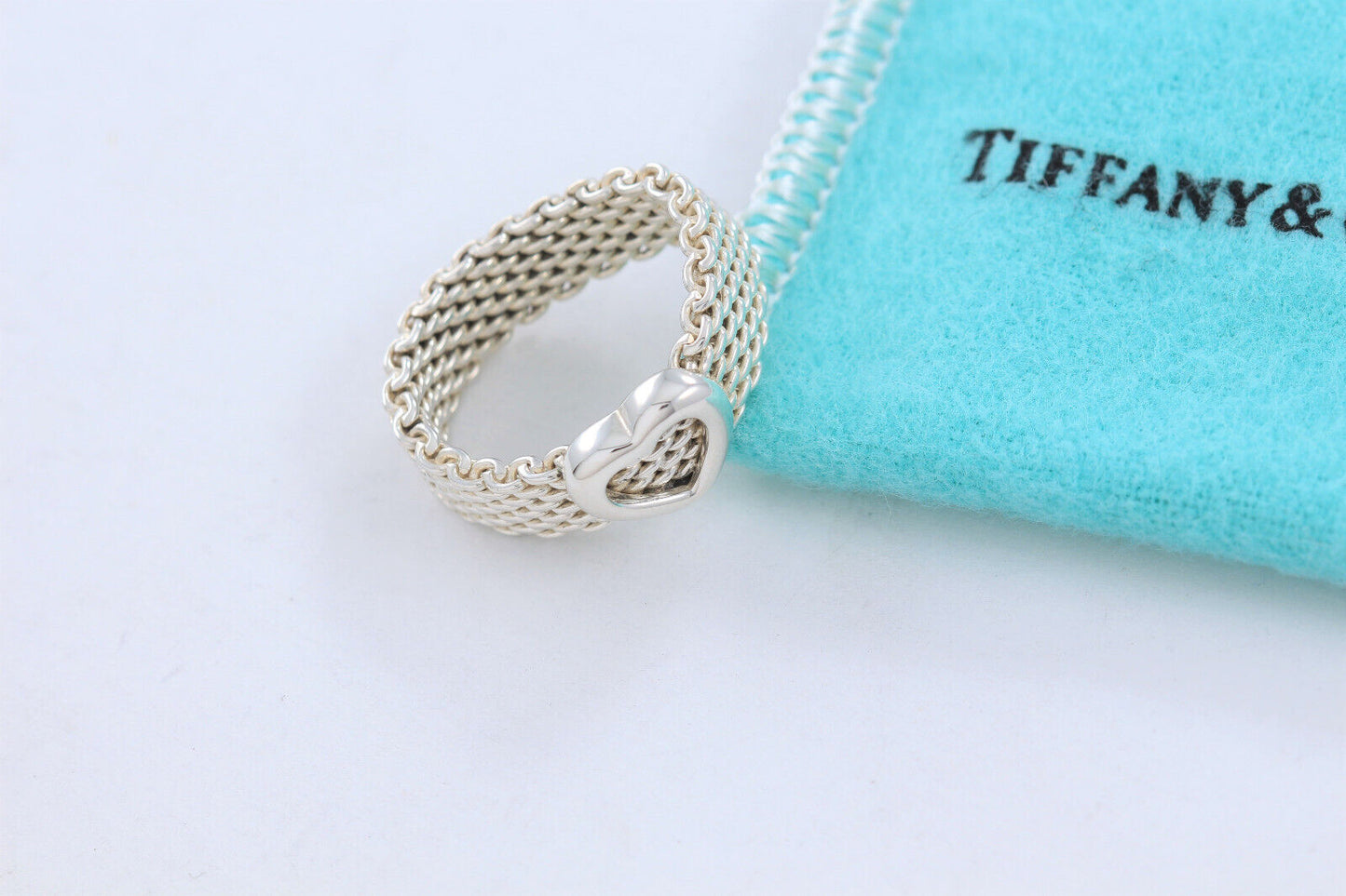 Tiffany & Co Sterling Silver Heart Mesh Love Ring Size 12 and Pouch Rare Lovely