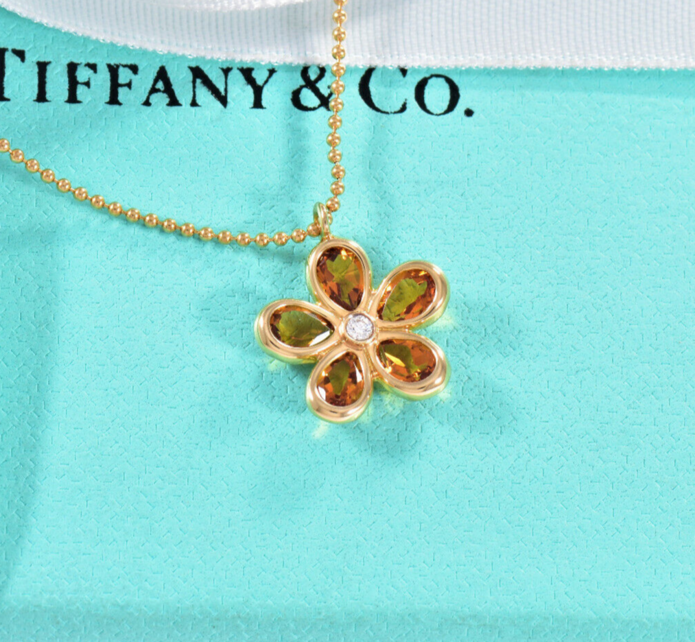 Tiffany & Co Diamond 18K Gold Citrine Garden Flower Bead Necklace in Box Pouch