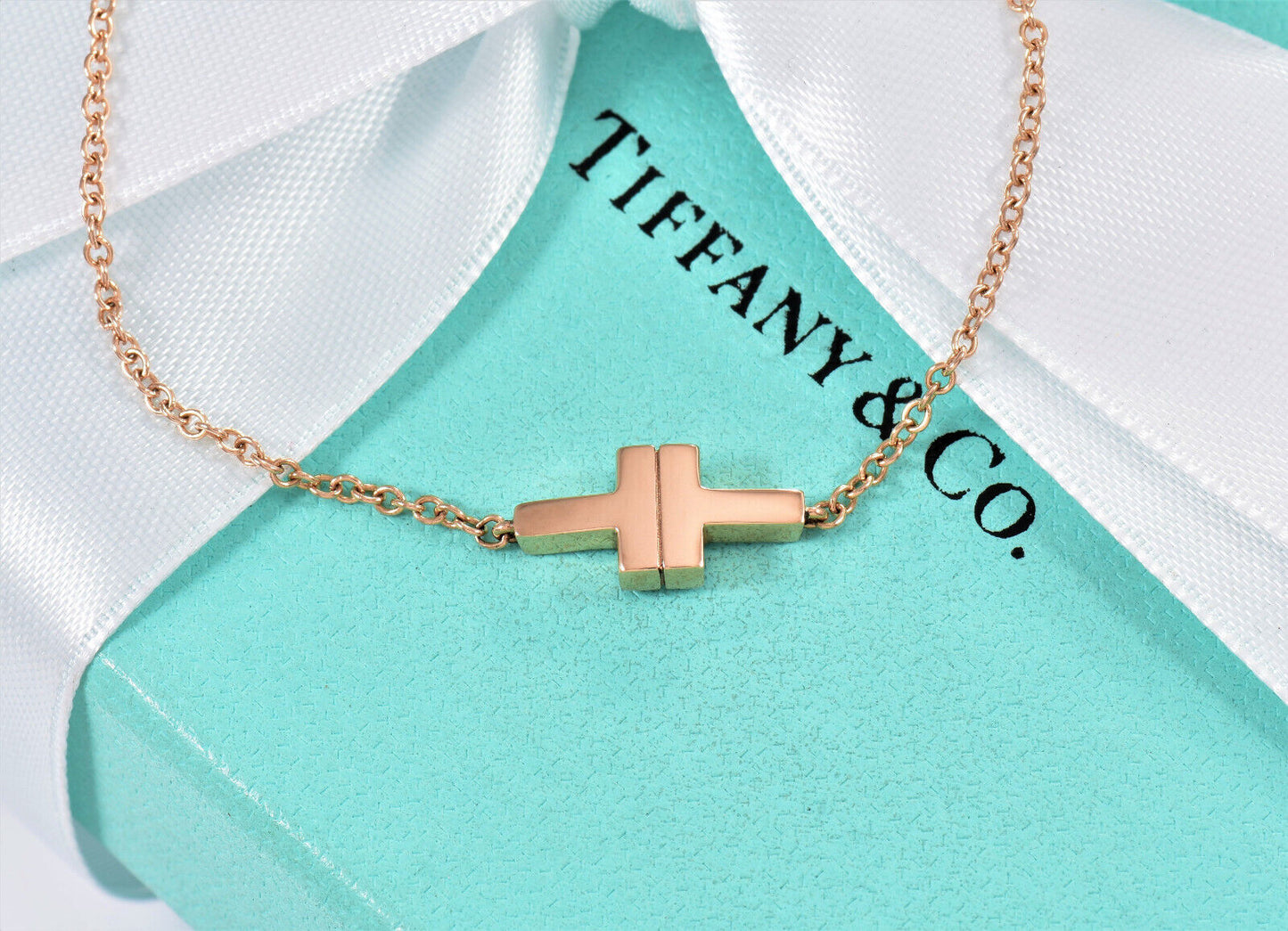 Tiffany & Co 18K Rose Gold T Square Single Chain 6.5" Bracelet in Box Rare Love