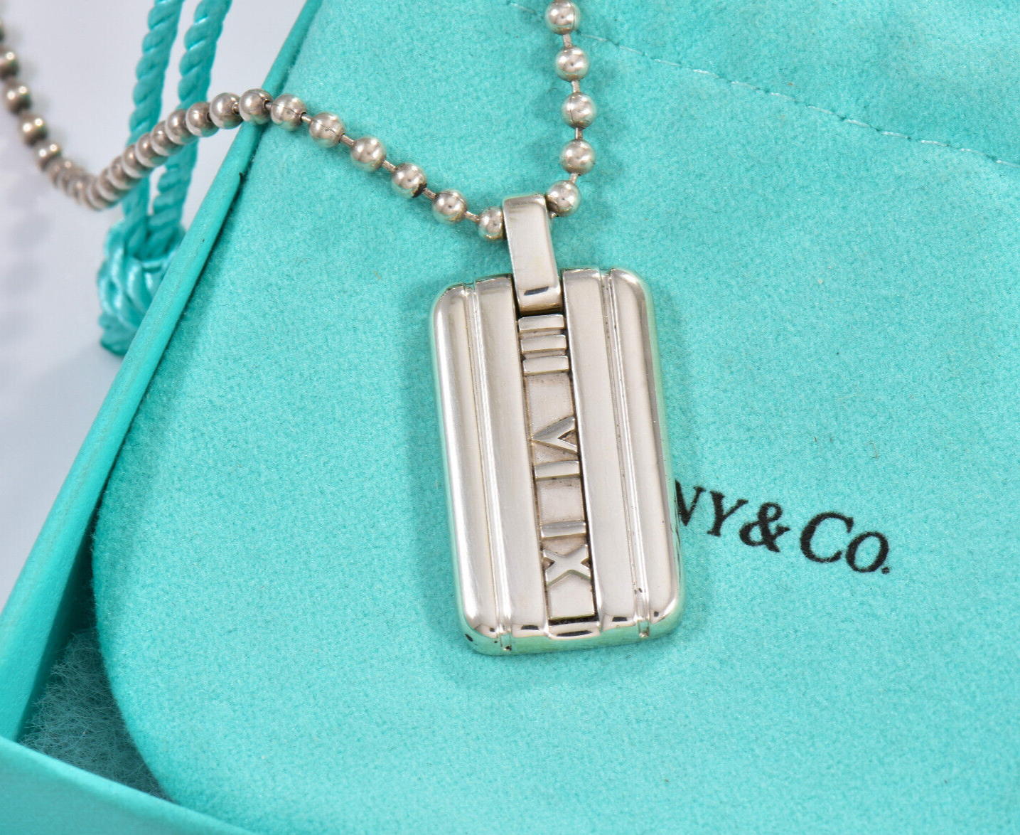 Tiffany & Co Silver Atlas DogTag Pendant 20.25" Bead Chain Necklace in Pouch Men