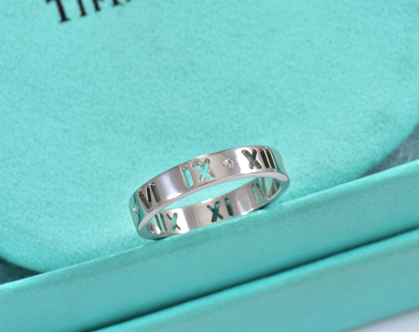 Tiffany & Co White Gold Four Diamond Atlas Narrow Band Ring Size 5 in Box Rare