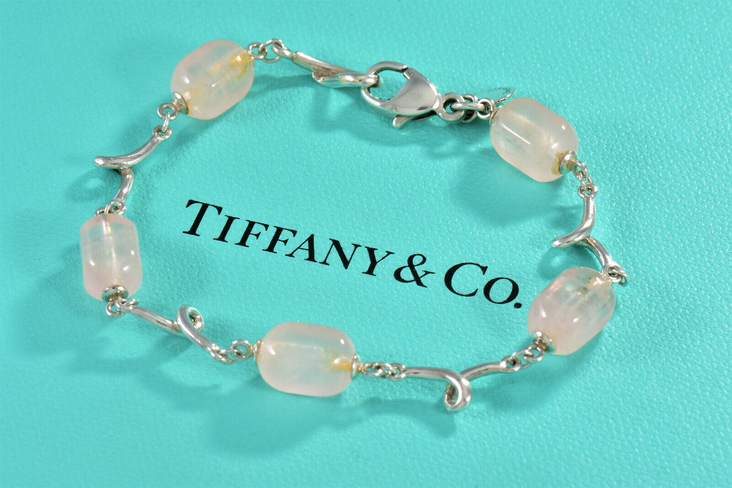 Tiffany & Co Silver Pink Rose Quartz Bead 7.25" Bracelet Twist Link & Pouch Rare