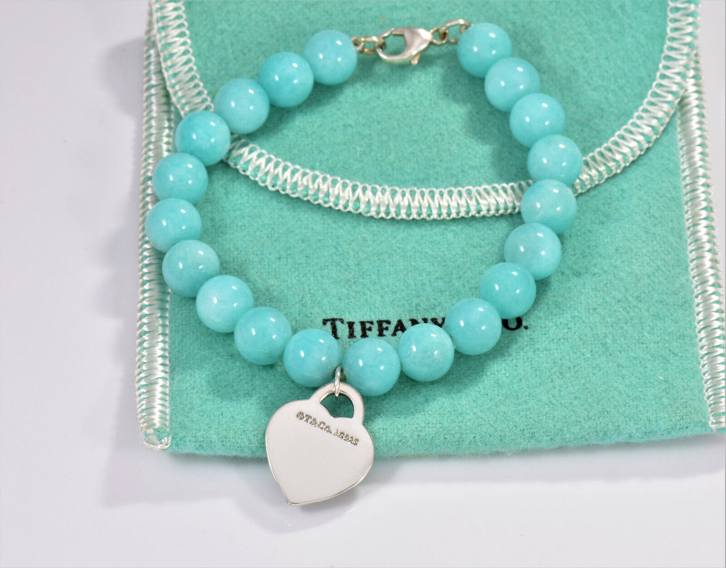 Please Return Tiffany & Co Blue Amazonite Silver Heart 8mm Bead 7.25" Bracelet