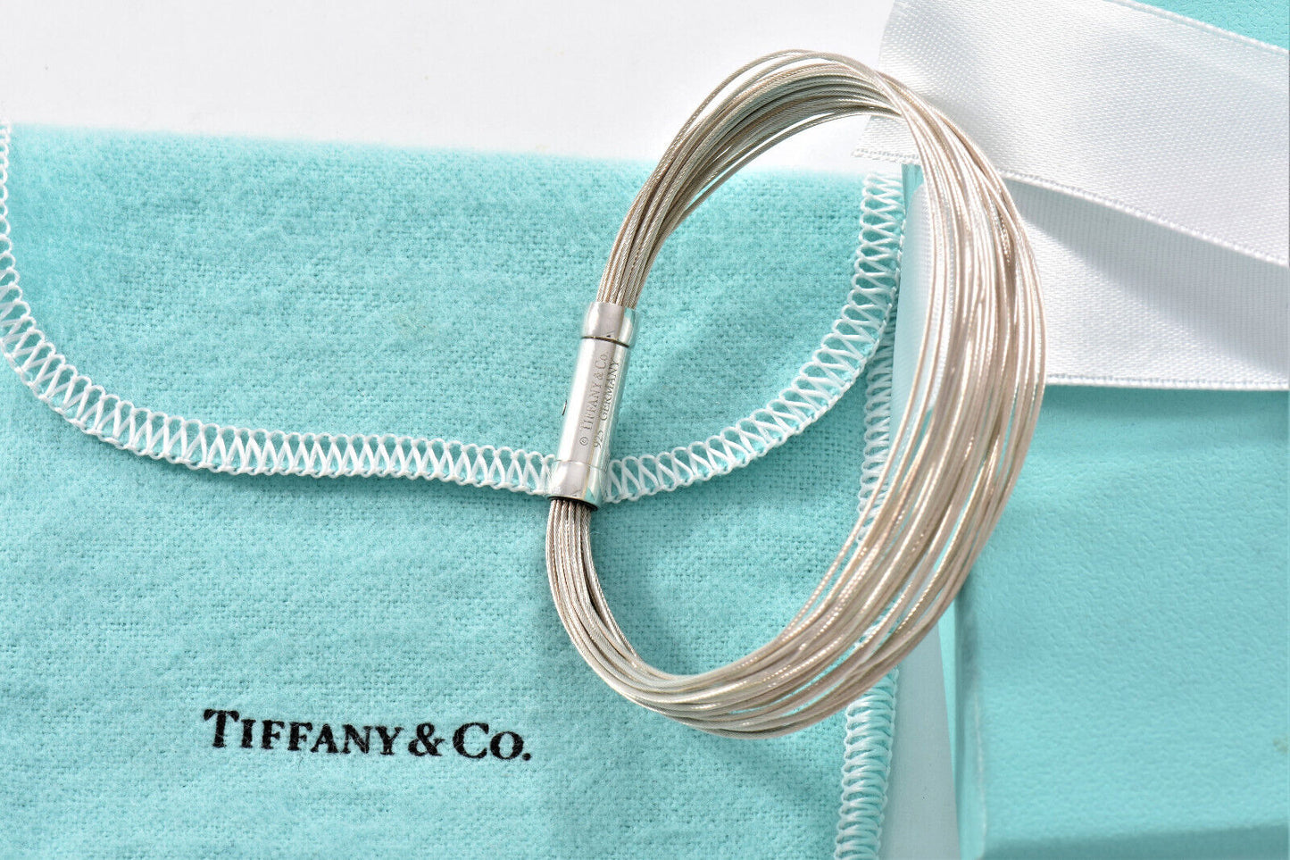 Tiffany & Co Germany Silver Multi Wire Mesh Ring Link Bracelet 7" & Pouch Rare