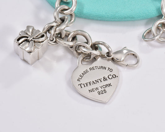 Return To Tiffany & Co Silver Present Gift Box Heart Tag Two Charm 7.5" Bracelet