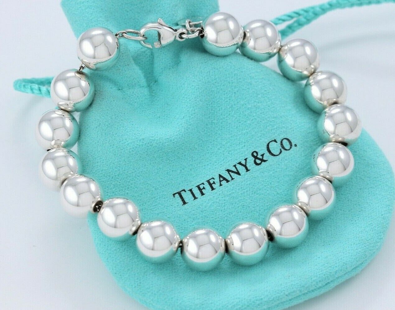 Tiffany & Co Sterling Silver HardWear Ball 10mm Bead Bracelet 7.5" and Pouch