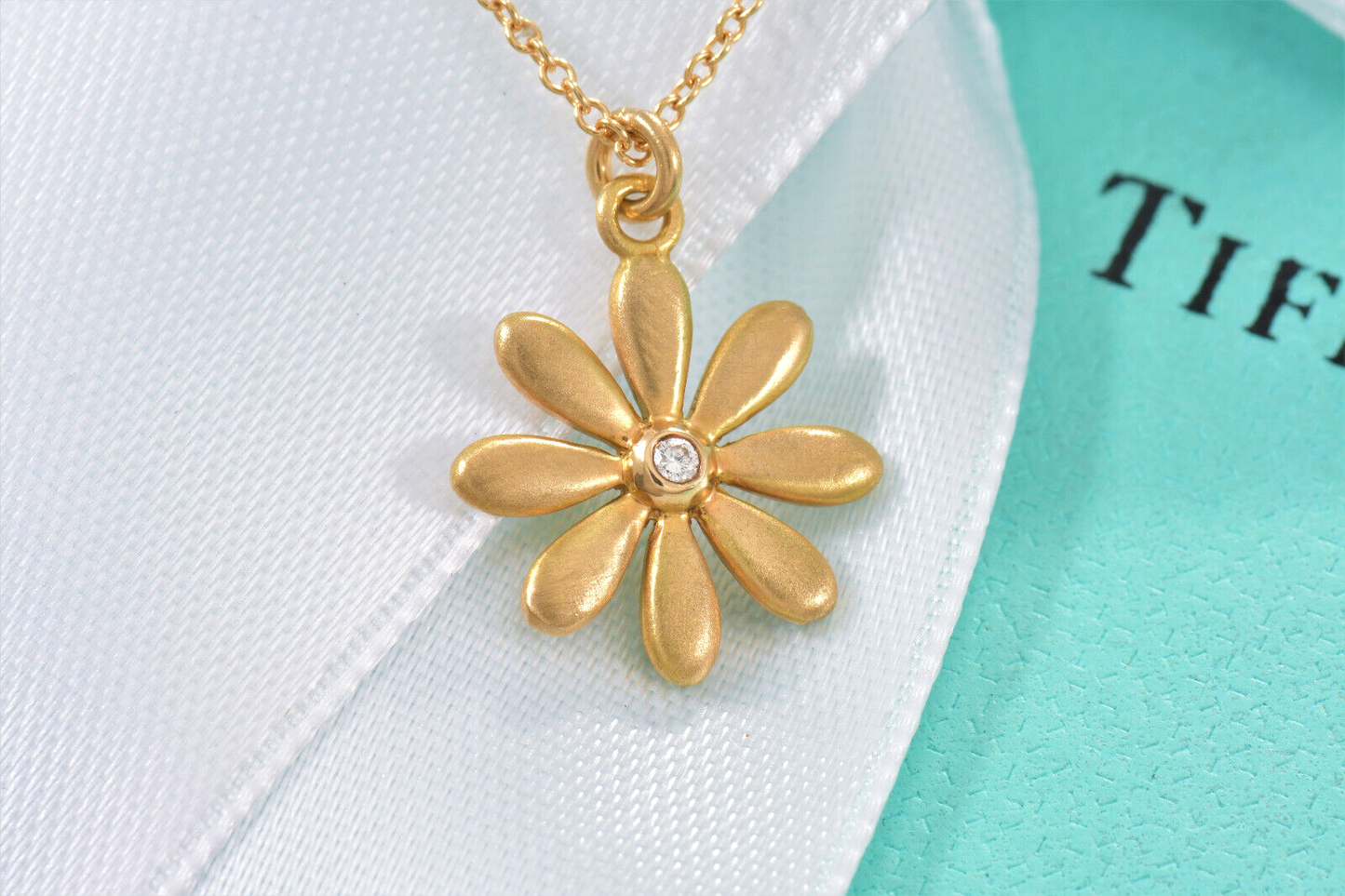 Tiffany & Co Diamond 18K Yellow Gold Daisy Flower Pendant 16.25" Necklace in Box