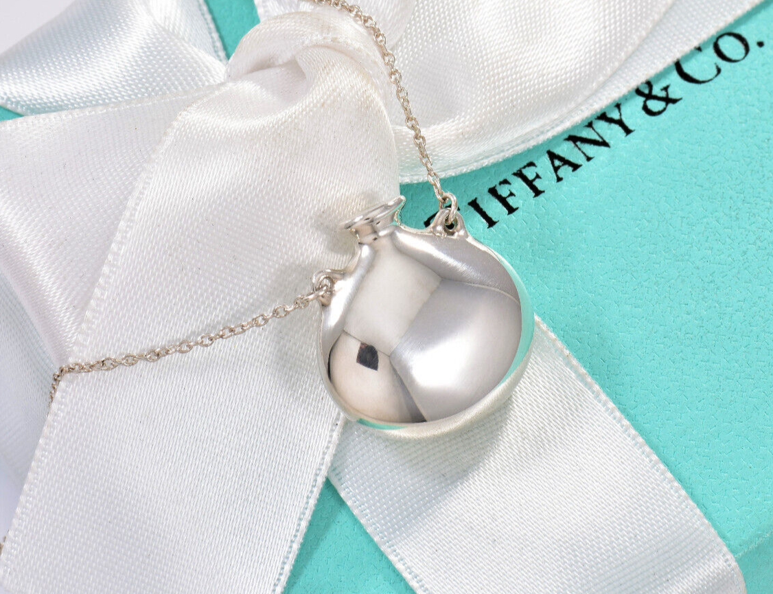 Tiffany & Co Elsa Peretti Silver Round Perfume Bottle Pendant 16.6" Necklace