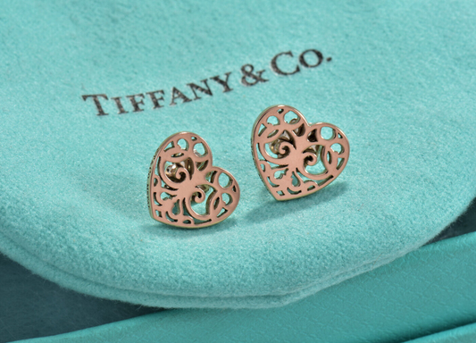 Tiffany & Co Rubedo Gold Metal Enchant Heart Stud Earrings in Box Pouch Rare