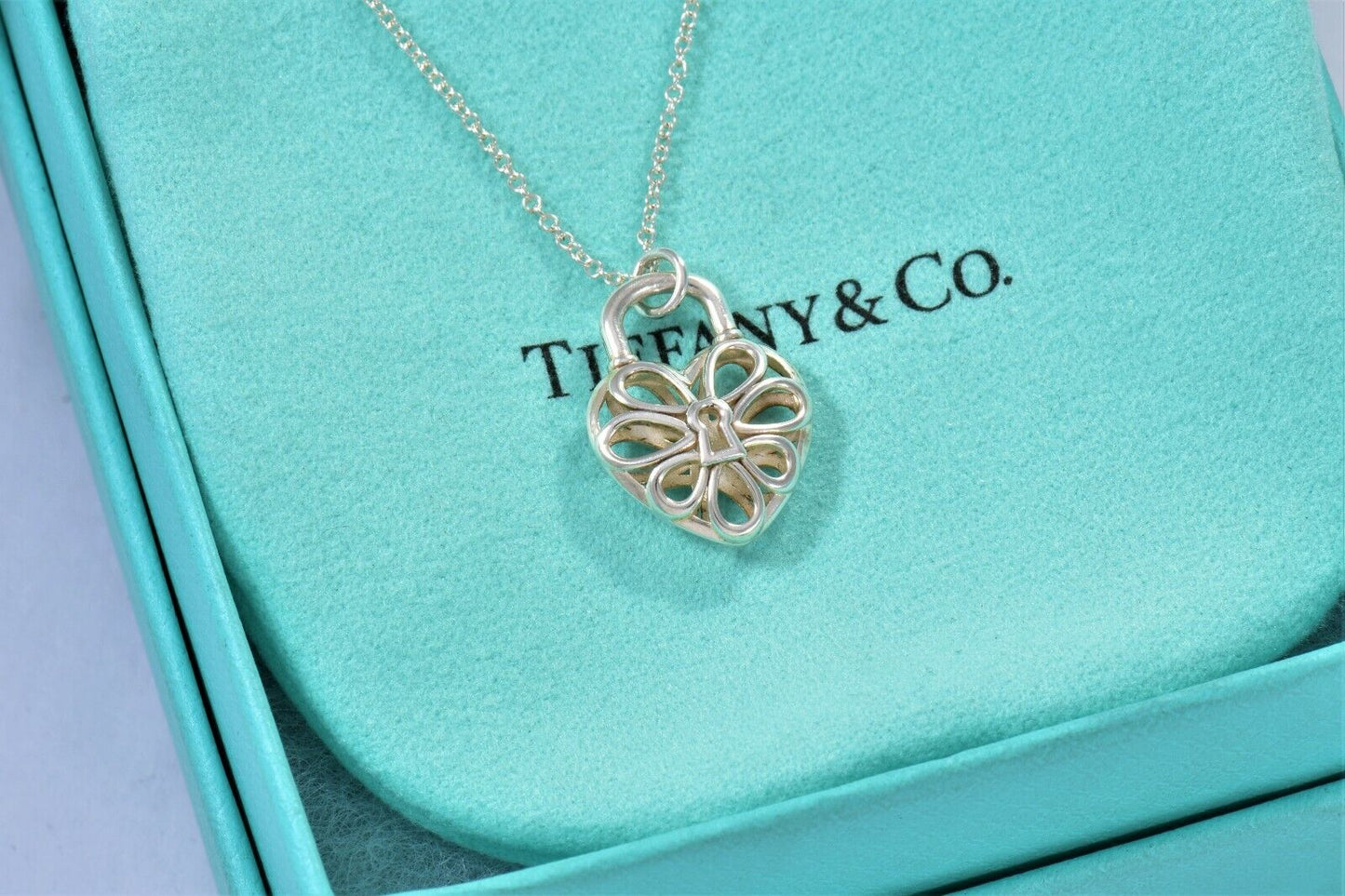 Tiffany & Co Sterling Silver Filigree Heart Lock Pendant Necklace in Pouch