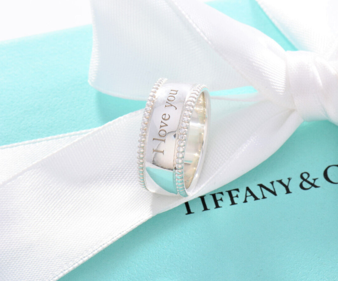 Tiffany & Co Sterling Silver I Love You Bead Edge Ring Size 7 in Pouch Yours